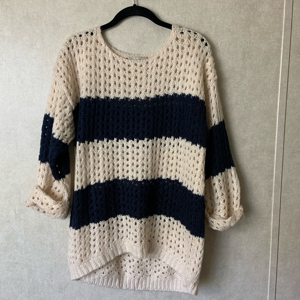 JOAN VASS LOOSE KNIT CROCHET PULLOVER SWEATER